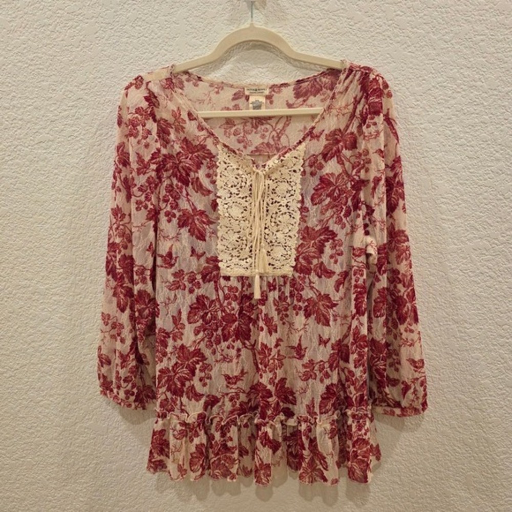 Denim &‎ Supply Ralph Lauren Red Floral Lace Crochet Peasant Blouse Toile Medium